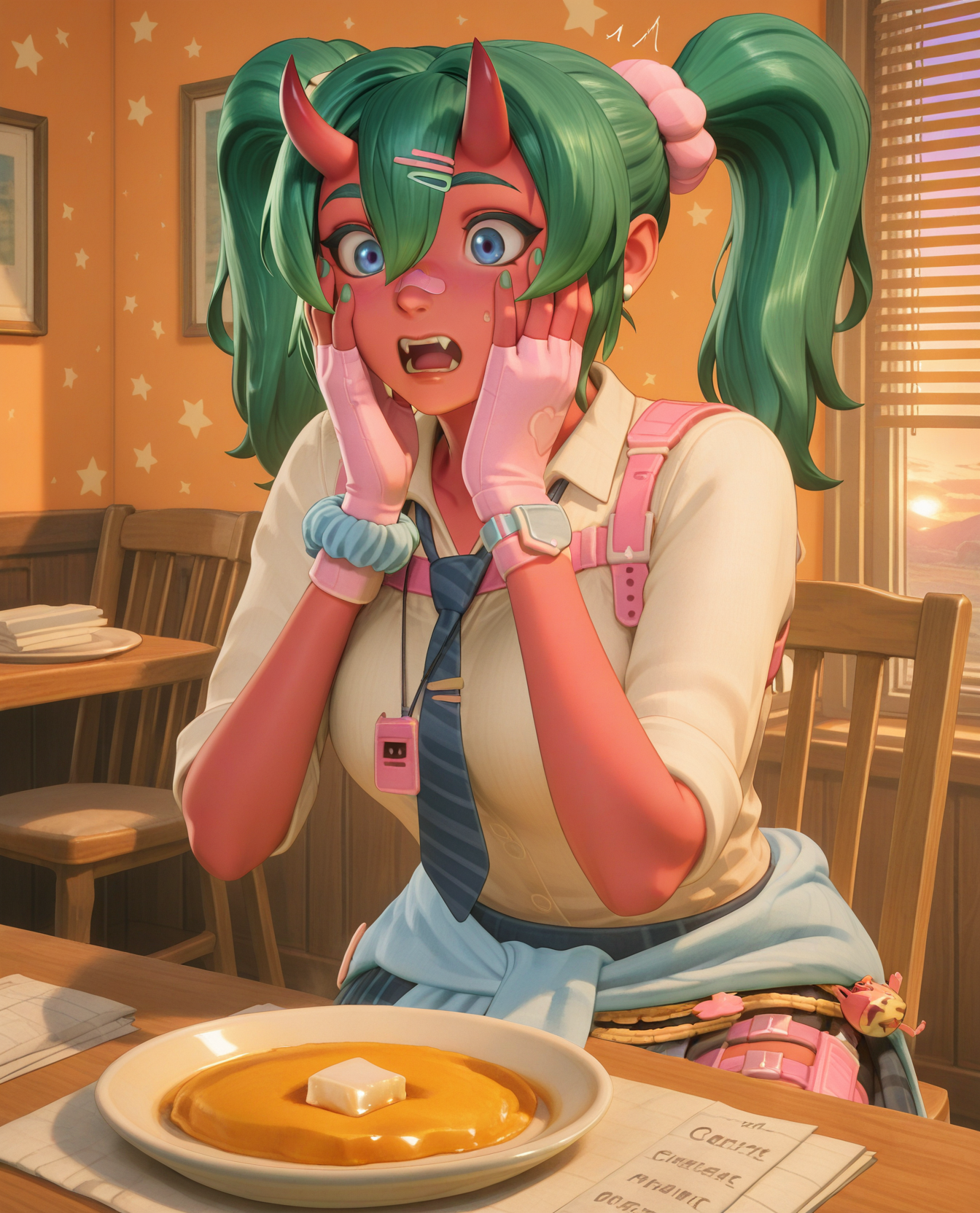 highly detailed, (upper body:1.3),  (detailed background, kitchen, sunset, golden hour, shutters, blinds down, blinds, wooden table, wooden chair, orange interior, indoors:1.2),  (surprised, hands on own face, crumbled paper, wrinkly paper on plate, paper on plate:1.5), fortnite_nemia, 1girl, solo, green hair, twintails, ponytail, long hair, bangs, hair between eyes, hair over one eye, ears, horns, oni horns, single horn, red skin, pink skin, blue eyes, parted lips, bandaid, bandaid on nose, bandaid on thighs, breasts, shirt, school uniform, necktie, plaid skirt, thighhighs, socks, loose socks, boots, jewelry, earrings, bracelet, charm, belt, gloves, fingerless gloves, knee pads, leg warmers, collarbone, solo, colored skin, hair ornament, hairclip, scrunchie, holster, striped necktie, clothes around waist, oni, plaid, charm (object), blue necktie, sweater around waist, animal print, heart, shoes, star (symbol), thigh holster, fangs, teeth, <lora:Fortnite_Nemia_Demonically_Cute_Set_ILXL_E41_16_DIM:1>, <lora:delicious_food_surprised_hands_on_own_face:0.7>