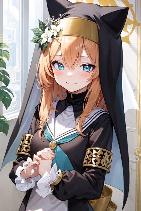 masterpiece, best quality, ultra-detailed, illustration, 1girl, mari, nun, veil, upper body, smile, indoors <lora:mariV1>