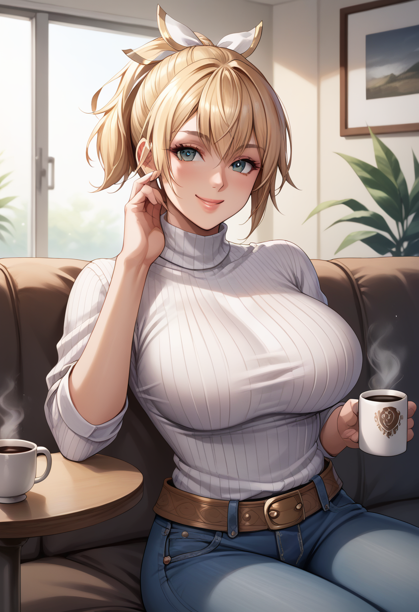 score_9, score_8_up, score_7_up,  source_anime, BREAK   <lora:SoulCaliburCassandra:0.9>,CassSoulCalibur, blonde hair,hair bow, short ponytail, hand on own face, looking at viewer, smile, sitting, large breasts, white turtleneck, jeans, table, couch,  coffee mug, upper body, sitting,