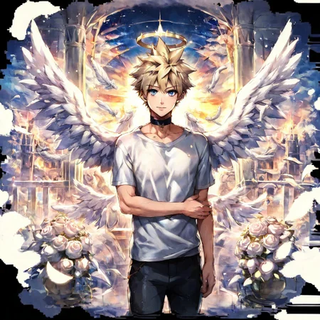 OctopathCOTC, masterpiece, best quality, score_9, score_8_up, score_7_up, best quality, source_anime, male focus, detailed background, soft white light, 
1boy, solo, <lora:Lenga_XL_V10_OPT:1> Lenga, blonde hair, slim, spiked hair, blue eyes, choker, angel wings, angel Halo, white t-shirt, gracefully, (blush:0.5), anguish, (smile:0.3), heaven, outdoor, an ornated marble gate of baroque style architecture, looking at viewer, white feathers