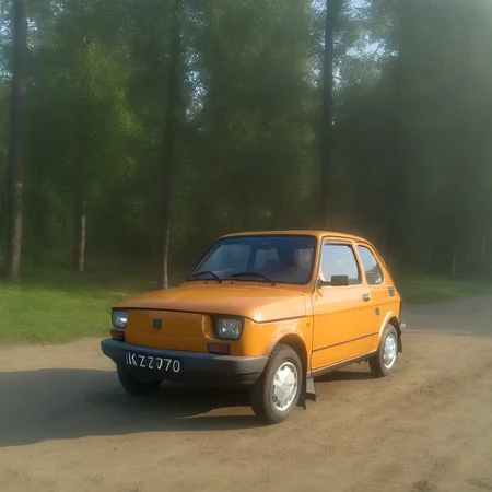 Polish 70s compact car parked on a dirt surface, with a forest visible in the background on a sunny day <lora:polish_70s_compact_car-000001:1>