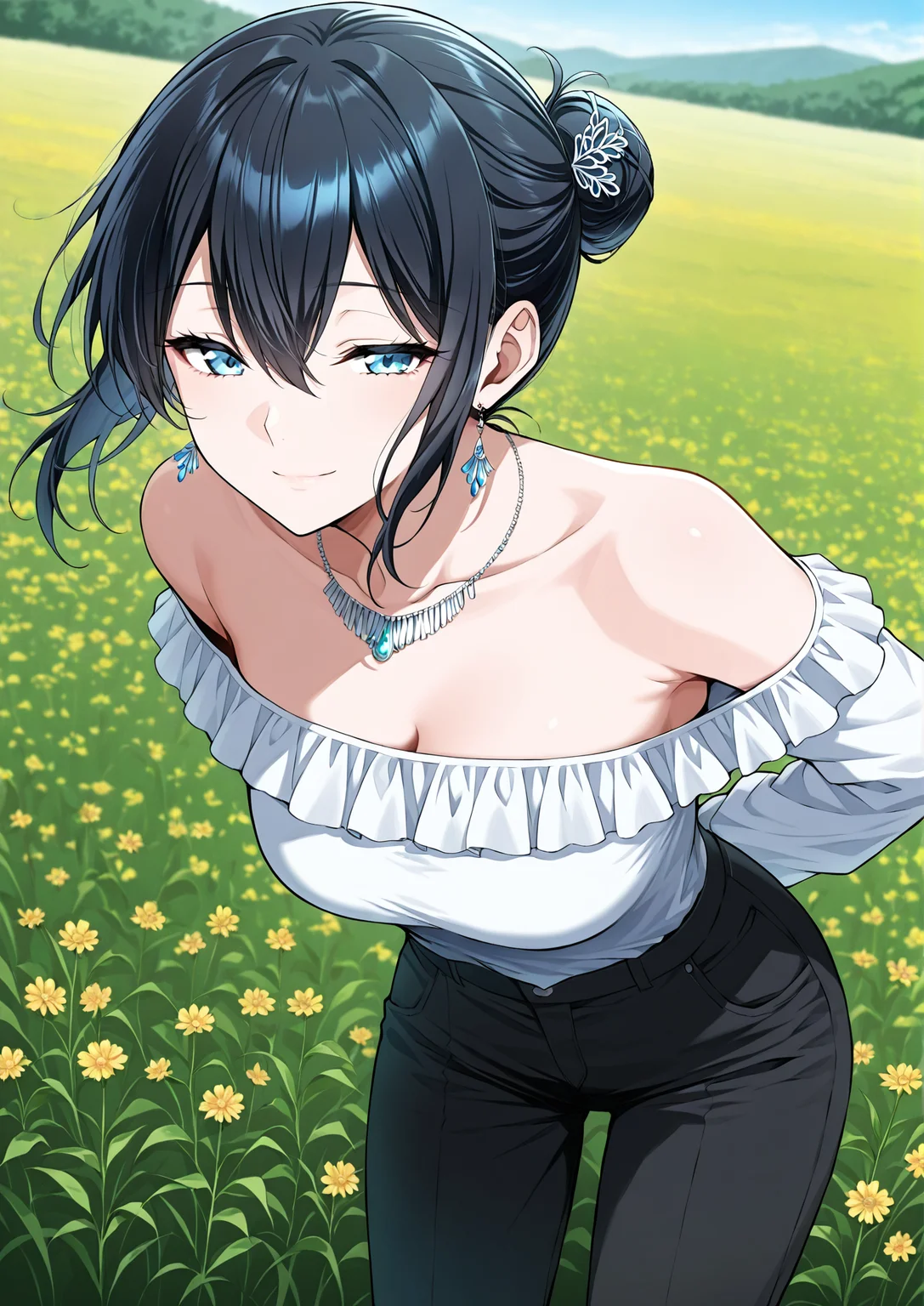 <lora:Tabitha_Helstea__The_Beginning_After_the_End__Illustrious:1>
1 girl, solo, blue eyes, black hair, hair between eyes,
black pants, off-shoulders shirt, shirt frills, bare shoulders, sandals, hair ornament, necklace, earrings, single hair bun
score_9, score_8_up, score_7_up, very aesthetic, source_anime, detailed, high quality, beautiful, masterpiece, detailed eyes, field, blurry background, pose dynamic angle, upper body, cowboy shot, light smile, floating hair, half-closed eyes, hands behind back, leaning forward, looking forward, looking at viewer