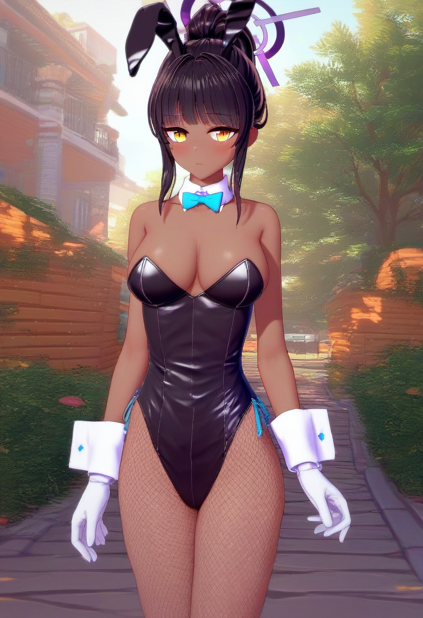 <lora:Tsuneyo_from_LiL_PonyXL:0.8>, tsuneyo_bunny, 1girl, solo, karin (blue archive), karin (bunny) (blue archive), white gloves, halo, official alternate costume, strapless, blue bow, cowboy shot, sidelocks, large breasts, outdoors, BREAK , zPDXL, score_9, score_8_up, score_7_up, score_6_up, score_5_up, score_4_up