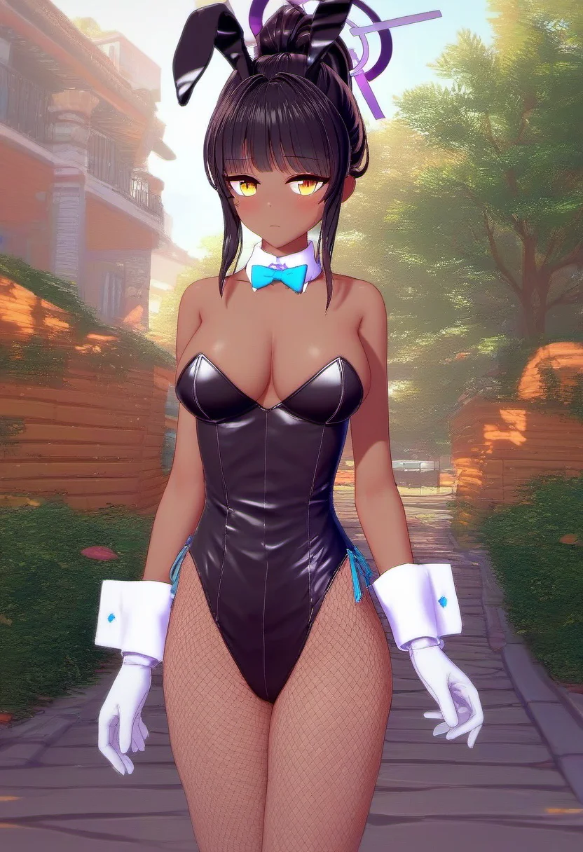 <lora:Tsuneyo_from_LiL_PonyXL:0.8>, tsuneyo_bunny, 1girl, solo, karin (blue archive), karin (bunny) (blue archive), white gloves, halo, official alternate costume, strapless, blue bow, cowboy shot, sidelocks, large breasts, outdoors, BREAK , zPDXL, score_9, score_8_up, score_7_up, score_6_up, score_5_up, score_4_up