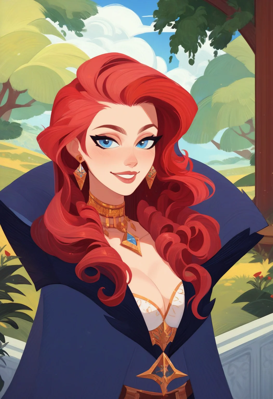 score_9, score_8_up, score_7_up, score_6_up,
1girl, female, solo, portrait, female focus, red hair, blue eyes, long hair, light skin, smile, looking at viewer, outdoors, beautiful, blue cloak, gold inlay, earrings,
<lora:afkArenaStylePony:1> afkArenaStyle