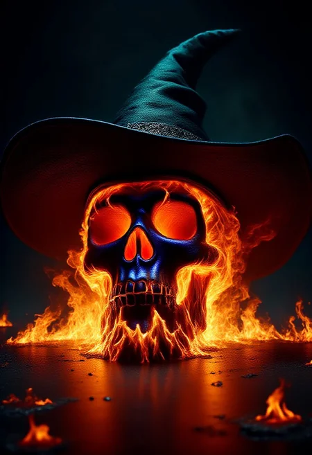 A skull wearing a witch's hat, completely engulfed in flames, inferno, blazing, concept art, masterpiece, perfect lighting, green flames, purple flames, 4k, absurdres, highly detailed, on fire, in flames,