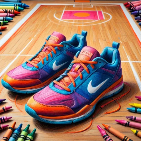 cr4y0n, crayon drawing, modern running shoes, sleek, athletic, on a basketball court <lora:Colorful_Crayons:1>