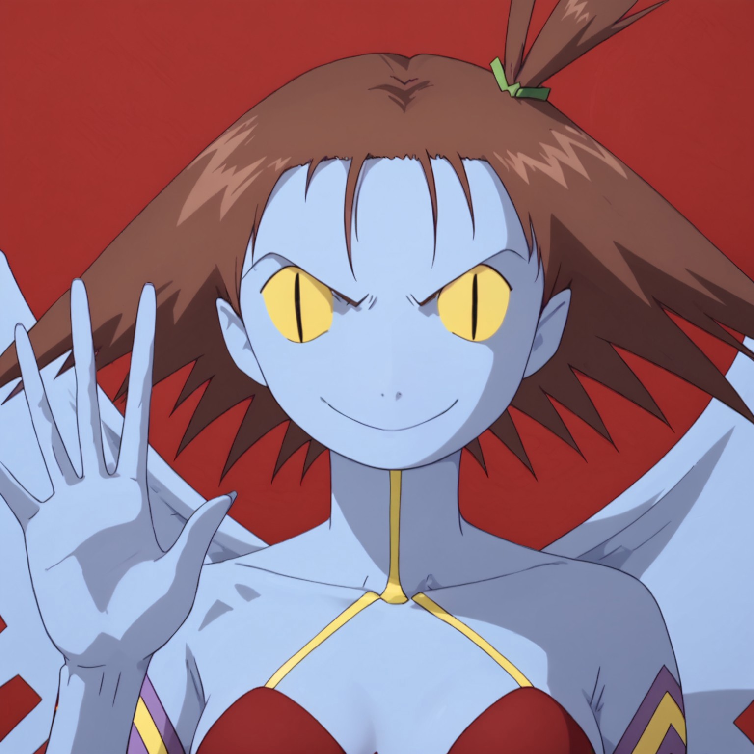 safe_pos, score_9, score_8_up, score_7_up, masterpiece, best quality, highly detailed, realistic, 1girl, solo, (JeriADR, humanoid, brown hair, side ponytail, yellow sclera, black eyes, slit pupils, light-blue skin, light-blue body, breasts, light-blue wings, red corset, red leotard, close-up), looking at viewer, closed mouth, smile, upper body, Expressiveh, (red background, simple background), waving, (((purple bottomwear)))