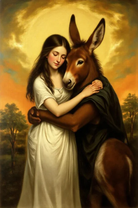 jore1 macha9 painting.
A surreal, dreamlike scene with a woman and an anthropomorphic donkey embracing. The woman, with long, straight, dark hair, is dressed in a flowing white gown, symbolizing purity and innocence. She has a serene expression, with her eyes closed. The anthropomorphic donkey, is dressed in a dark brown coat, his face blending into the deer's body. He has a gentle, almost protective expression. They are standing in a stylized, abstract landscape. The background features a vibrant, swirling pattern of yellows and oranges, suggesting a sunset or a dreamy sky.
<lora:jore1_cap_d6a3e12:1.0><lora:818387013305679028:0>