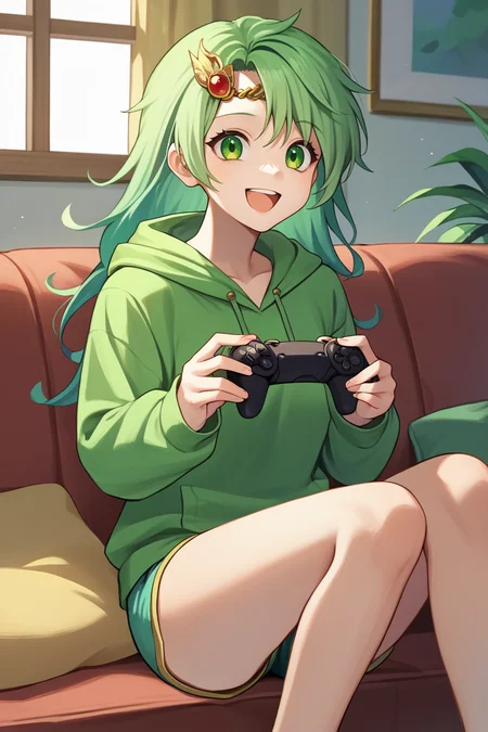 score_9, score_8_up, score_7_up, source_anime BREAK 1girl, solo, <lora:rydia-pdxl-nvwls-v1:1> rydia, long hair, green hair, green eyes, circlet, hair ornament, green hoodie, happy, open mouth, short shorts, sitting, couch, holding video game controller