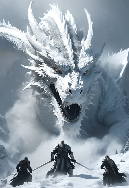 very dark focused flash photo, amazing quality, masterpiece, best quality, hyper detailed, ultra intricately detailed textures, UHD, perfect anatomy, (White dragon:1.5), portrait, dof, hyper-realism, majestic, (four adventurers 1Fighter 1druid 1ranger 1wizard:1.6), awesome, inspiring, Capture the thrilling showdown between the four adventurers and the colossal white dragon boss in an epic battle amidst snow drifts and swirling blizzard . Embrace the action and chaos as these formidable forces clash on the snowy mountainside. cinematic composition, soft shadows, national geographic style