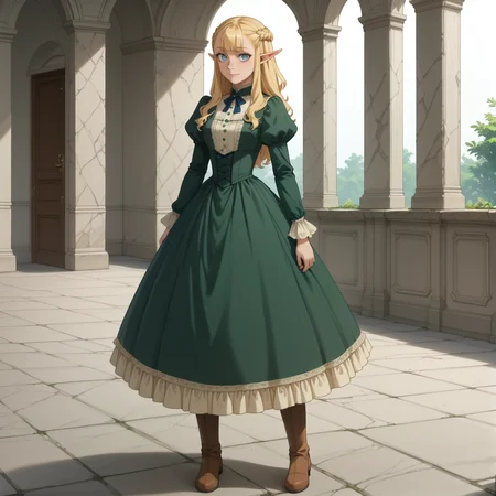 score_9, score_8_up, score_7_up, masterpiece, best quality,best quality, absurdres, uncensored, extreamely detailed,highres ,unity 8k wallpaper, official art, official style, source_anime, uncensored, game cg, extremely detailed CG,textile shading,super detailed skin,perfect anatomy,detailed eyes,
masterpiece, best quality, very aesthetic, absurdres,ultra-detailed,high resolution,unity 8k wallpaper,perfect anatomy,detailed,dynamic lighting,beautiful detailed eyes,extremely detailed CG,textile shading,super detailed skin,perfect anatomy,
<lora:Pattadol_Dungeon_Meshi_V1:1>fullbody,solo, 1girl, adult,blonde hair, light blue eyes, pointy ears, pointy nose, braid, long hair,
garden background,outdoor,standing,light smile,happy,
<lora:victorian_dress-PD-1.0:1>victorian dress,green dress,sleeves,knee boots,