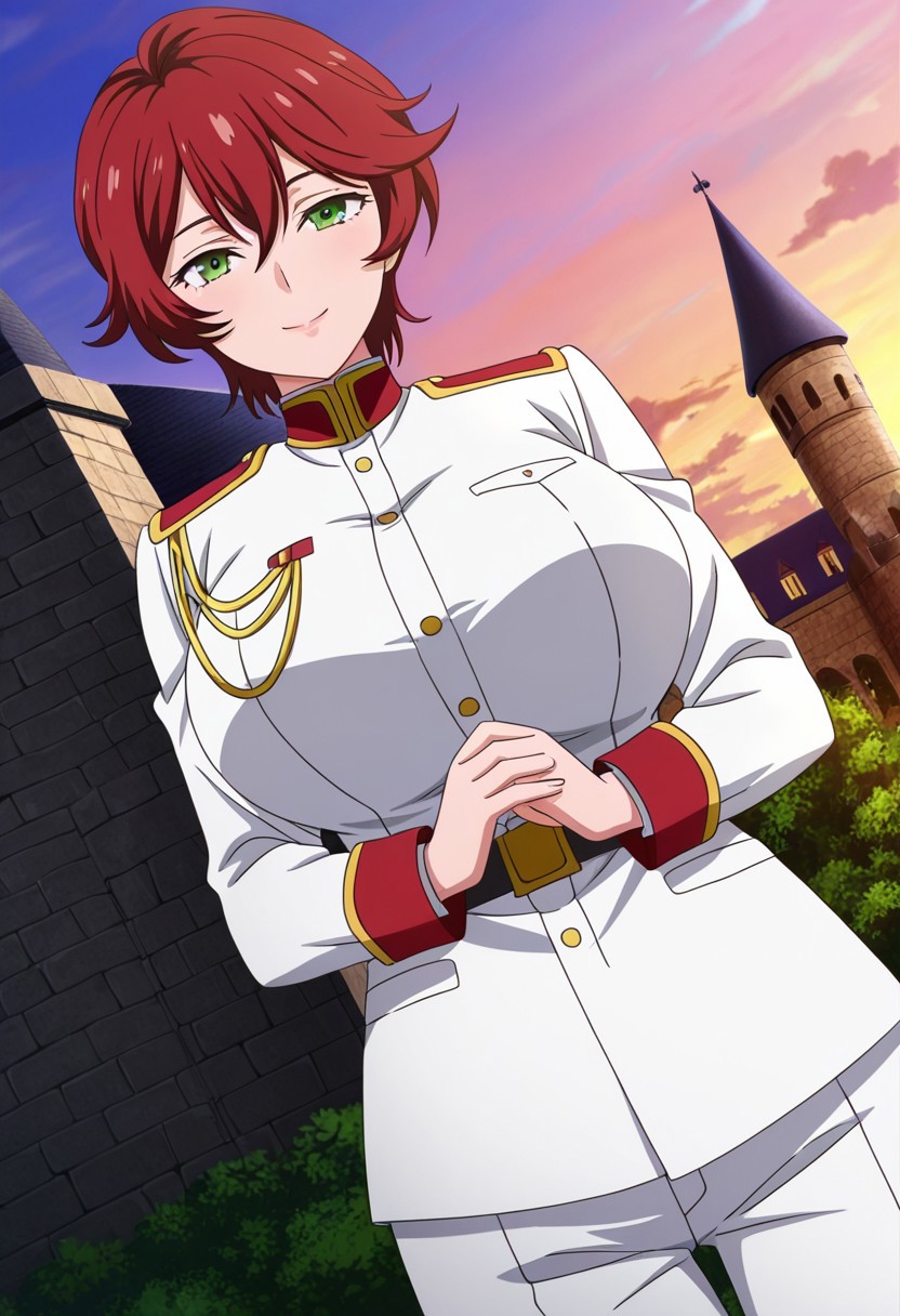 general,highres, ultra-detailed,very aesthetic,best quality ,best hands,best eyes,easynegative,
dynamic anglre, dutch angle, anime cloring,anime screencap,
1girl solo,looking at viewer,castle, outdoors, smile,standing, 
Akira Hiiragi, red hair, short_hair, green_eyes, huge_breasts,military uniform,