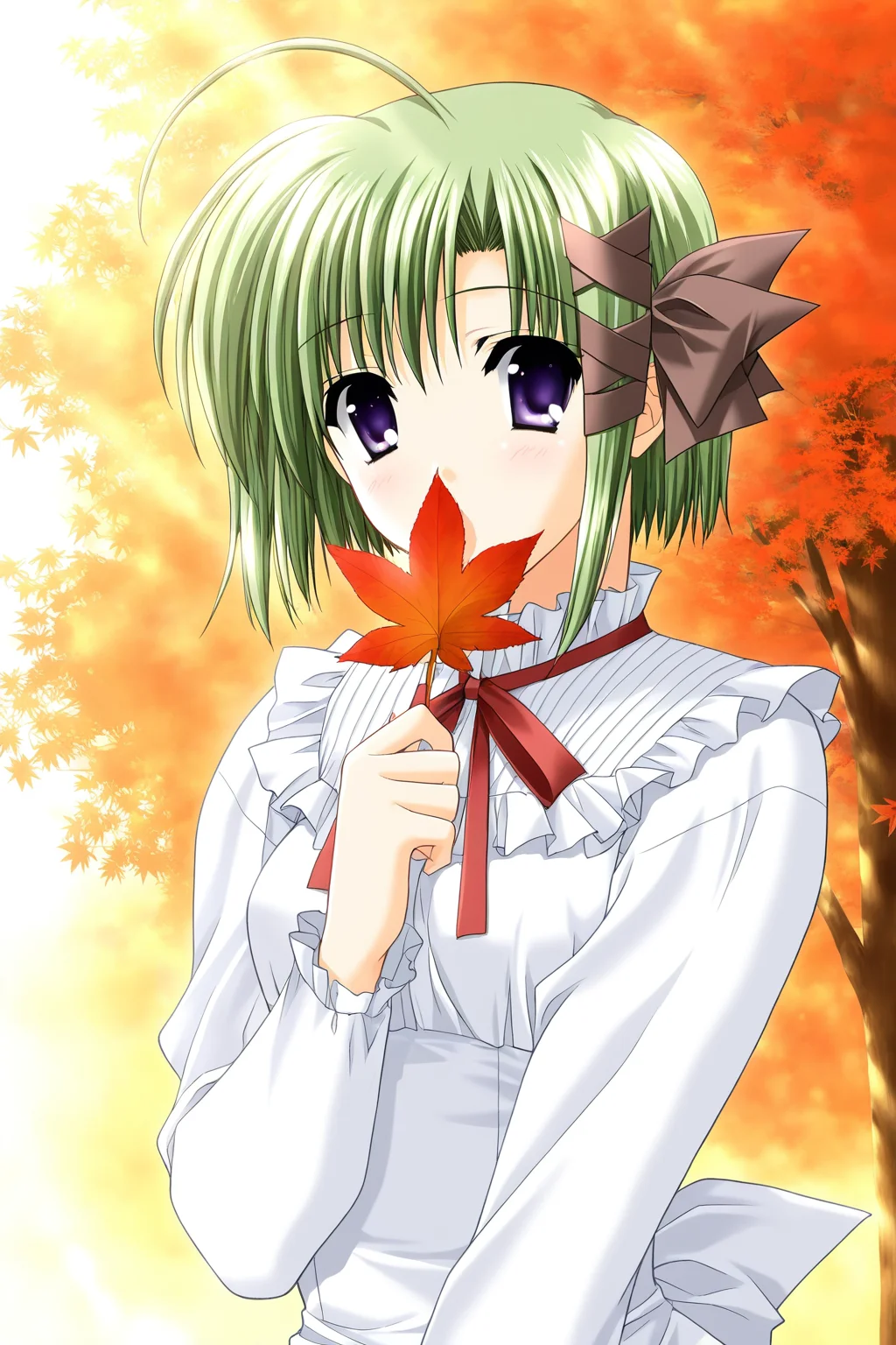 <lora:AsaShigure:0.8>, Asa Shigure, green hair, hair ribbon, ahoge, purple eyes, short hair, 1girl, holding leaf, solo, leaf, holding, looking at viewer, long sleeves, red ribbon, neck ribbon, ribbon, upper body, autumn leaves, dress, white dress, autumn, covered mouth, covering own mouth, outdoors, maple leaf, dappled sunlight, frills, hand up