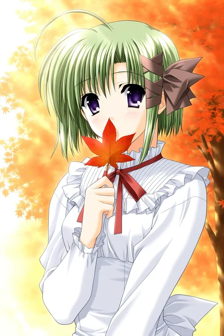 <lora:AsaShigure:0.8>, Asa Shigure, green hair, hair ribbon, ahoge, purple eyes, short hair, 1girl, holding leaf, solo, leaf, holding, looking at viewer, long sleeves, red ribbon, neck ribbon, ribbon, upper body, autumn leaves, dress, white dress, autumn, covered mouth, covering own mouth, outdoors, maple leaf, dappled sunlight, frills, hand up