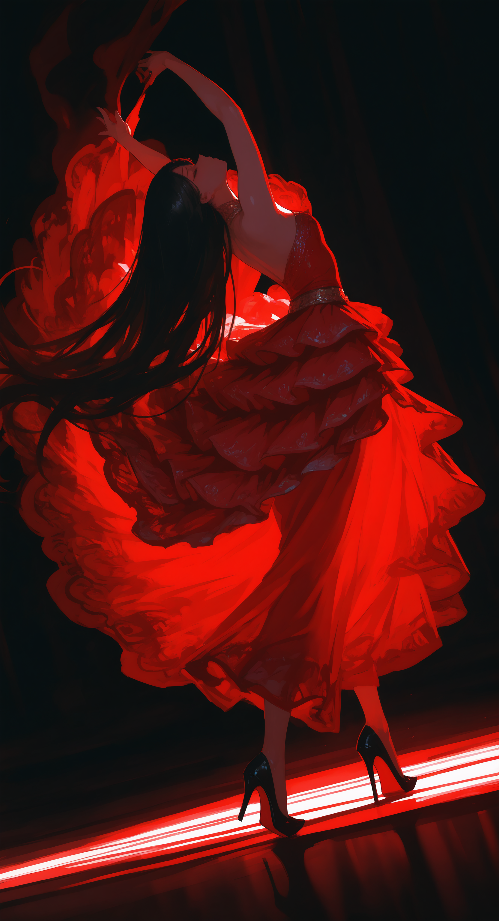 masterpiece, best quality, Good quality, very aesthetic, absurdres, newest, 1girl, solo,black hair, very long red dress, closed eyes,dancing, Latin dancer, Latin Dance, Messy long hair,
(Multi-layered dress:1.2), black High heel, Passionate, lightly swing the dress,
dynamic angle,Dutch Angle,
dynamic pose,Cinematic Lighting,Cool And red Lighting, <lora:ponyv5_noobV065S_1_adamW-000013:0.7> <lora:USNR_STYLE_XL_lokr:0.5> <lora:748cmSDXL:0.4>