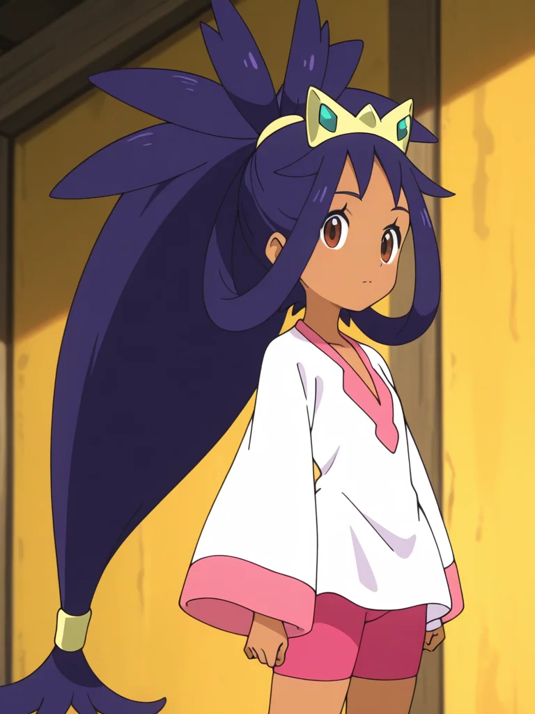 1girl, standing, looking at viewer,upper body, standing,
<lora:iris_champion_2:0.85> (no_skirt, no middle ribbon:1.6),
iri5cham1on,dark-skinned female, dark skin, brown eyes, purple hair, very long hair, ponytail, spiked hair, hair rings, tiara, green gem tiara,white shirt, pink v-neck, pink sleeve cuff,
pink bike shorts,, masterpiece, high quality, absurdres, best quality, very aesthetic, newest,