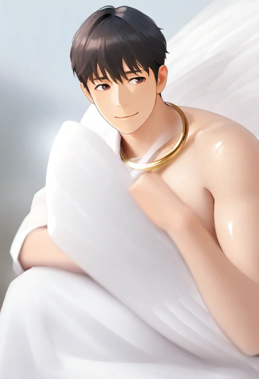 <lora:AsianGuy:0.8>, AsianGuy, (nodaeng:1.5), masterpiece, ultra-HD, cinematic lighting, photorealistic, (impressionism:1.5), high detail, depth of field, (blurred background), (dramatic lighting),masterpiece, best quality, very aesthetic,8k,masterpiece, best quality, realistic, masterpiece, best quality, 8k, <lora:PenisQuiron_illus:1>, breeze style, short hair,<lora:add_detail:1>, ((handsome man:1.2, light skin)), (focus male), ((mature man:1.3)),
<lora:Breez_Style:0.95>, breeze style, shiny skin, fair skin, smooth skin, smile, dynamic view, The image is a stylized photograph featuring a man sitting sideways on a structure that resembles a white sculpture. He is holding onto their knees with his hands, which are positioned near the center of their body. He is wearing a flowing, white garment that drapes over one shoulder and down over the other, suggesting a classical or mythological attire, possibly inspired by the Greek gods. The person has short, straight hair that falls over their shoulders, framing their face. Their hair color is not distinctively different from their skin tone, so it may be a shade of brown. The person's skin appears fair and they are wearing a subtle, gold-toned accessory around their neck. His expression is contemplative with a slight furrowed brow and a downturned gaze, almost as if they are deep in thought or lost in a moment of introspection. The pose and the surroundings give the image a serene, ethereal quality.He has wings.