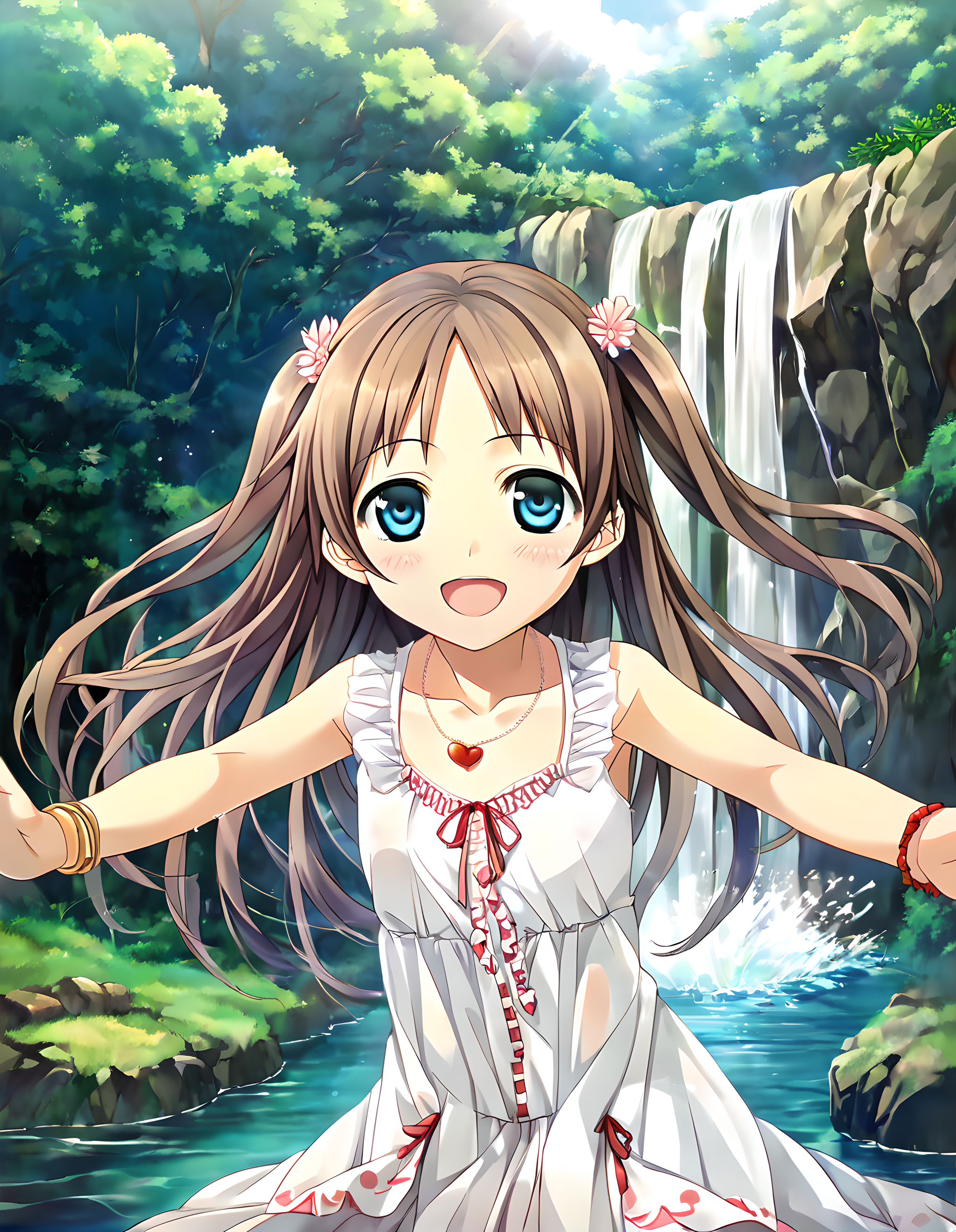 <lora:pony_xl_natsuha:0.8>,natsuha,score_9,score_8_up,score_7_up,source_anime,1girl,solo,froom,it's a lot of fun,smile,:d,blush,close your eyes,open mouth,outdoors,day,nature,waterfall,river,forest,tree,water,wind,sunlight,sunbeam,lens_flare,arm up,hand up,outstretched arms,stand in the water,splashing water,cowboy_shot,white dress,sleeveless dress,ruffles,sleeveless,see-through,bare shoulders,bare arms,heart shaped necklace,bracelet,jewelry,collarbone,