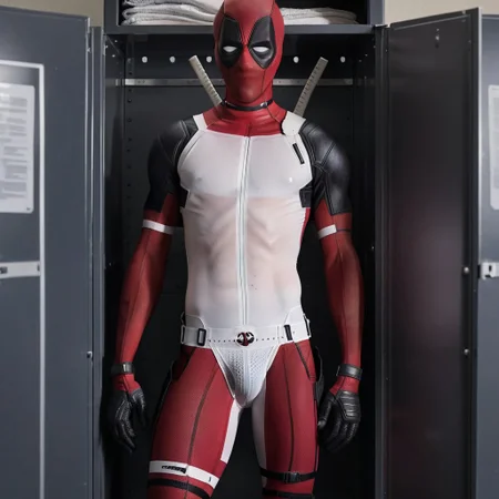 1boy, Deadpool, bodysuit, standing in locker room, wearing white jockstrap, dramatic lighting, high detail, homoerotic, highly detailed,