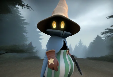 masterpiece, best quality, solo,1boy, looking at viewer, <lora:left4dead2-Style-illus_Fp:1>, 3d, cloudy sky, gameplay mechanics, night, forest, <lora:Ziggy-illus_Fp:1>, ziggy, yellow eyes, shaded face, faceless, no mouth, wizard hat, striped pants, cloak, robe, gloves, puffy pants, gun, looking to the side,