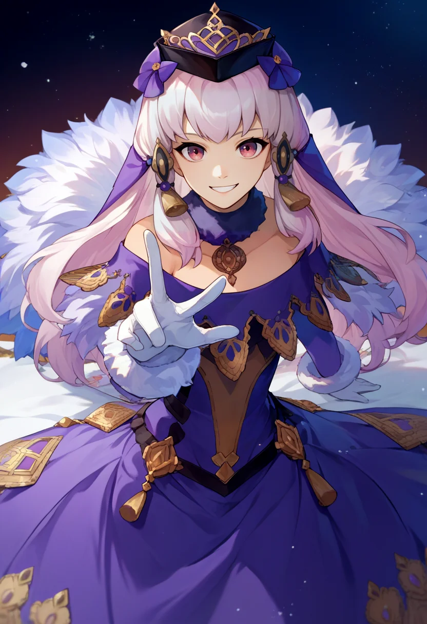 score_9, score_8_up, score_7_up, source_anime, solo, 1girl, lysitheabrave, smile, looking at viewer, hair ornament, hat, dress, fur trim, white gloves <lora:fireemblem_ordelia_ponyXL:1>