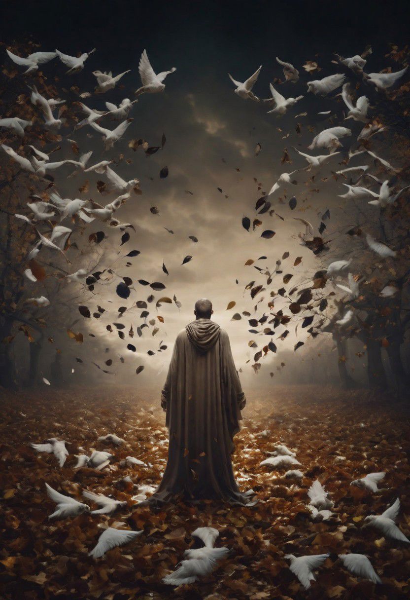 Sixteen banners united over the field
 Where the good shepherd grieves
 Desperate men, desperate women divided
 Spreading their wings  neath the falling leaves
lowbrow art style, surreal, Cinematic Lighting
