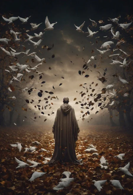 Sixteen banners united over the field
 Where the good shepherd grieves
 Desperate men, desperate women divided
 Spreading their wings  neath the falling leaves
lowbrow art style, surreal, Cinematic Lighting