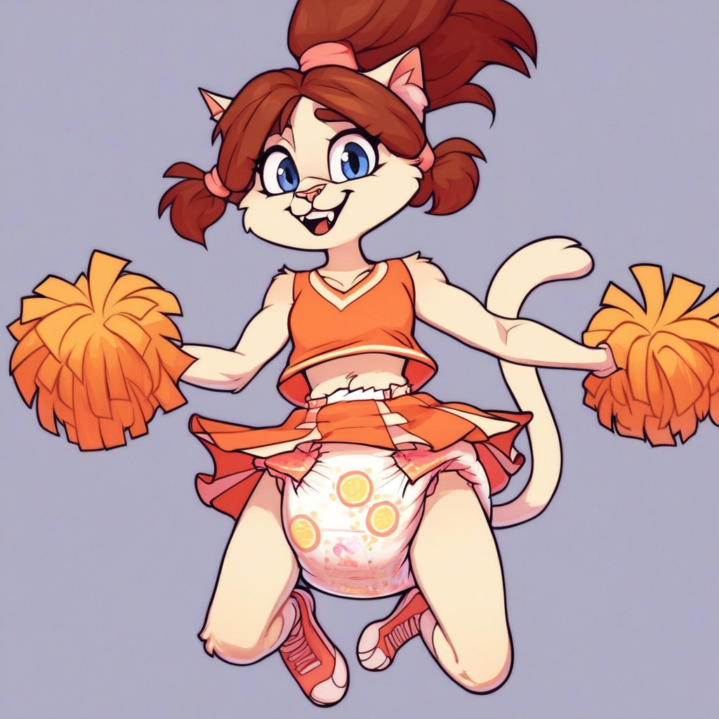 score_9, score_8_up, score_8, score_7, source_cartoon, source_furry, Emily(pd), solo, 1girl, anthro, cat, catgirl, tan fur, brown hair, cat tail, blue eyes, pink nose, slim body, full body, looking at viewer, puffy diaper, pink cheerleader outfit, pom-poms, jumping, in the air, cowboy shot, schoolyard setting, excited expression,