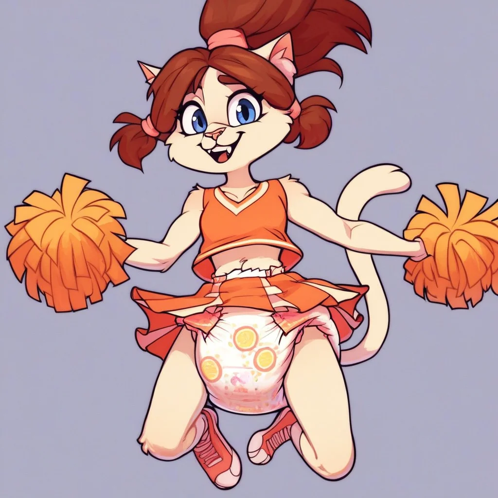 score_9, score_8_up, score_8, score_7, source_cartoon, source_furry, Emily(pd), solo, 1girl, anthro, cat, catgirl, tan fur, brown hair, cat tail, blue eyes, pink nose, slim body, full body, looking at viewer, puffy diaper, pink cheerleader outfit, pom-poms, jumping, in the air, cowboy shot, schoolyard setting, excited expression,