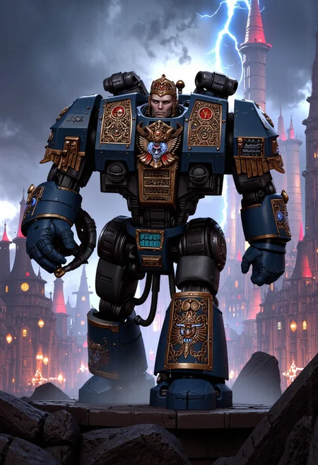 (score_9, score_8_up), score_7_up, <lora:PonyAlphaL40k:1> AlphaL40k, wearing power armor, holding a rifles, helmet, cape on his back, A hulking Armor Warrior, inspired by the might of a Space Marine, strides through a smog-choked industrial dystopia. Clad in a fusion of ornate Victorian armor and an industrial-powered exoskeleton, the warrior exudes a blend of old-world grandeur and brutal efficiency. Behind, an industrial city looms—towering smokestacks and crumbling Victorian structures stretch into the stormy sky. Massive iron machines belch smoke as lightning dances among the clouds. The Armor Warrior stands as a sentinel of this dystopian world, embodying the brutal union of flesh, machine, and divine power in a time when technology and the gods are inseparable.