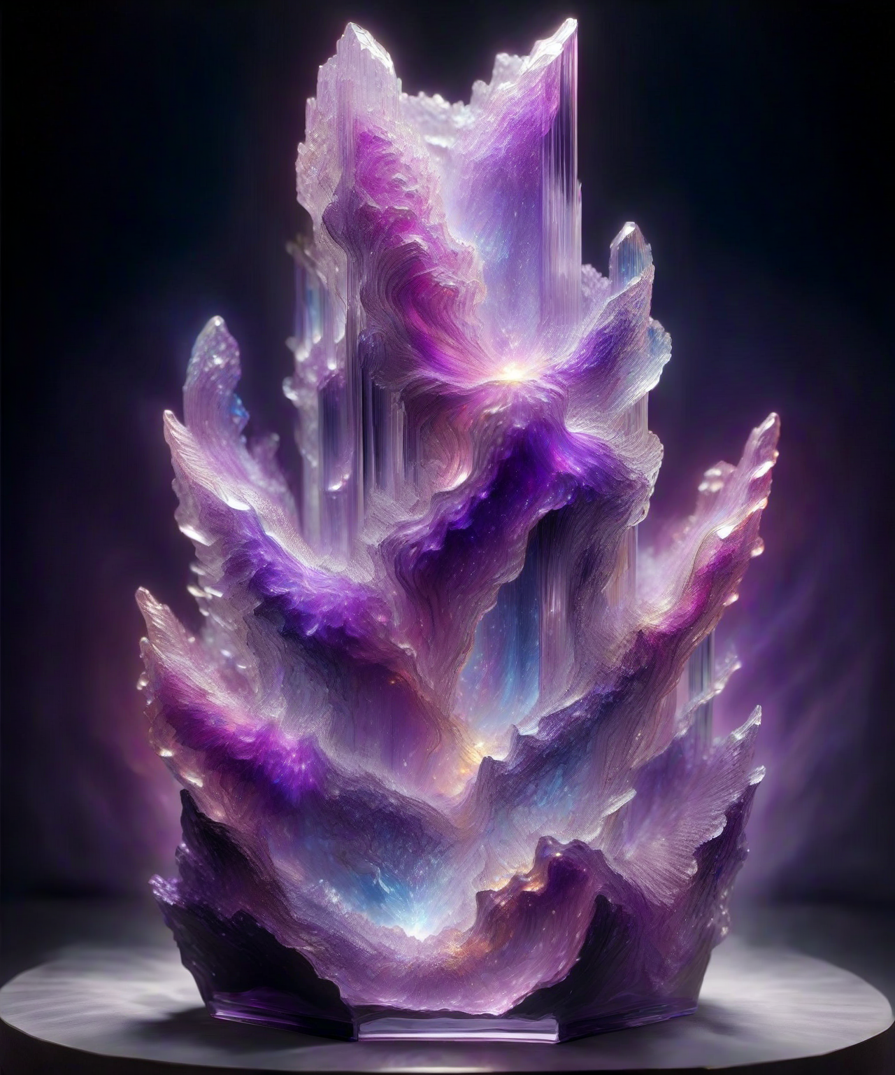 (Masterpiece, Best Quality, realistic, 4k, Highres:1.2), statue transparency crystal,an statue of purple pillar nebula made entirely of crystal crystal facets, (crystal with facets), shiny, glass, on top of a table