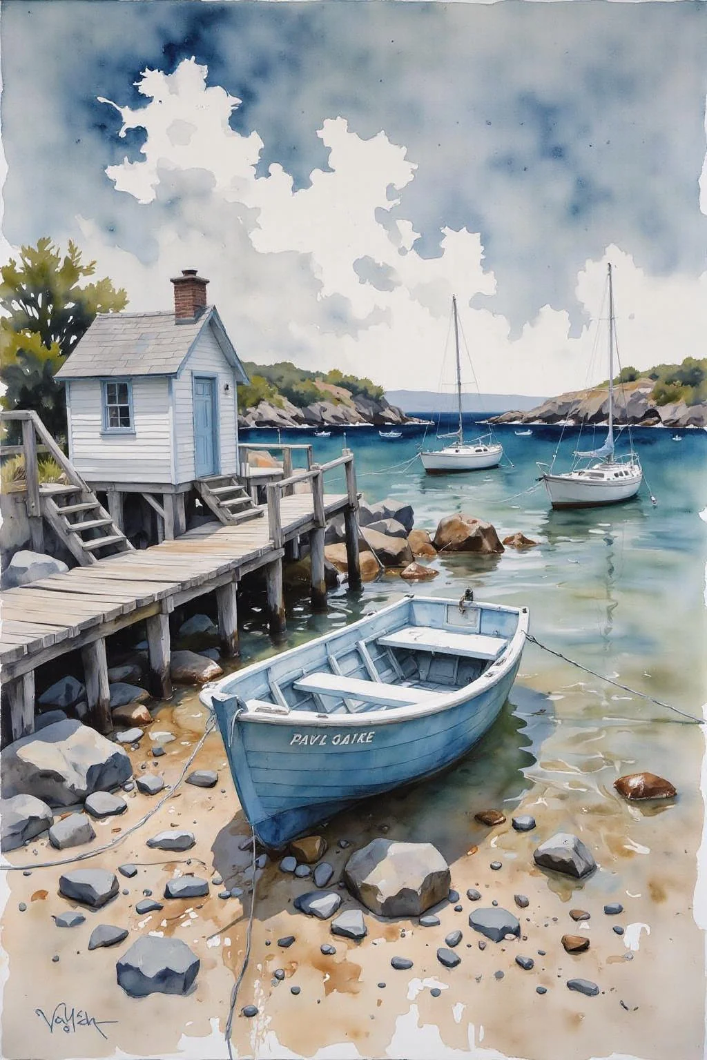 yawc1 watercolor.
A watercolor painting of a small boat on a beach. The boat is blue and white in color and is anchored at a wooden pier. The pier is made of wooden planks and is surrounded by rocks and pebbles. On the left side of the image, there is a small white building with a sloping roof and stairs leading up to it. In the background, there are other boats on the water and a rocky shoreline. The sky is blue with white clouds and the water is a deep blue-green color. The painting has a soft, dreamy quality to it, with the colors blending together to create a sense of depth and texture. <lora:yawcolor_nocap_d6a3:1.0> <lora:Flux-Sch-SingleBlocks-BF16:1.0><lora:799114374062139792:0>