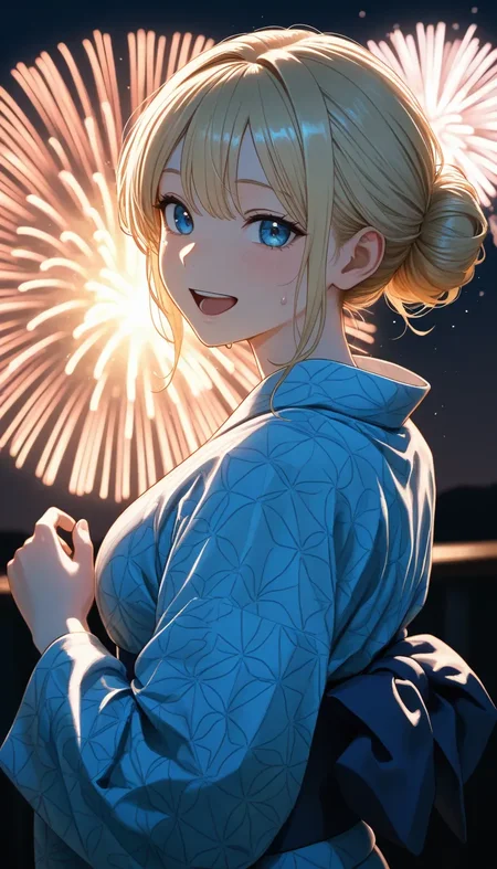 (masterpiece, best quality), safe, amazing quality, very aesthetic, absurdres, highres, newest, HDR, 8K, high detail RAW color art, large pupil, eyelashes, 
1girl, blue eyes, blonde hair, open mouth, sweat, hair bun, look at the viewer, look back, open mouth, happy, vivid, yukata, night, sparkle, fireworks, dark background, dim,