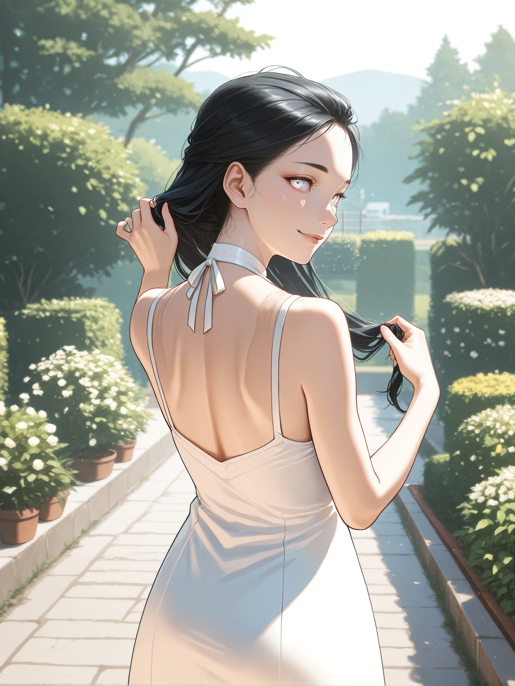 masterpiece, best quality, absurdres,
<lora:ILCyberHanako:1.0>
CyberHanako, 1girl, black hair, white eyes, looking at viewer, from behind, looking back, smile, holding own hair, back, sundress, outdoors, garden