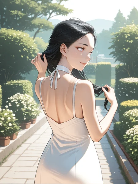 masterpiece, best quality, absurdres,
<lora:ILCyberHanako:1.0>
CyberHanako, 1girl, black hair, white eyes, looking at viewer, from behind, looking back, smile, holding own hair, back, sundress, outdoors, garden