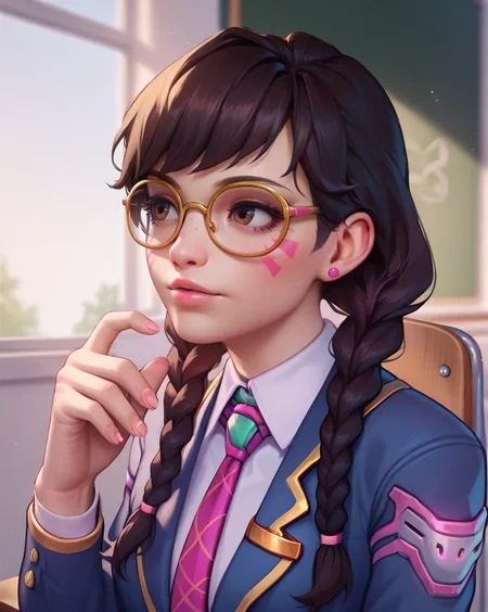 score_9, score_8_up, score_7_up,score_6_up, score_5_up, 2.5d, highly detailed,1girl, solo focus, medium shot , academy dva, glasses , twin braids, classroom background <lora:Academydva-000035:1>