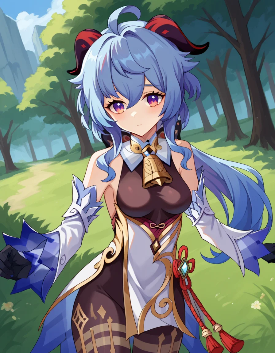 score_9, score_8_up, score_7_up, source_anime,
ganyu, <lora:ganyu-ponyxl-lora-nochekaiser:1>,
ganyu, blue hair, goat horns, horns, long hair, purple eyes, sidelocks,
gloves, bare shoulders, detached sleeves, black gloves, bell, bodysuit, neck bell, black bodysuit, vision \(genshin impact\), bodystocking, cowbell, chinese knot,
outdoors, forest, nature,
looking at viewer, cowboy shot, dutch angle, dynamic pose,