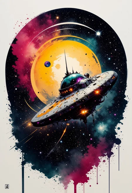 aidmainkstyle, abstract oil painting, gradient vibrant neon colour, rough, textural, broad brush strokes, a sleek spaceship traversing interstellar space, detailed night sky with stars and nebulas