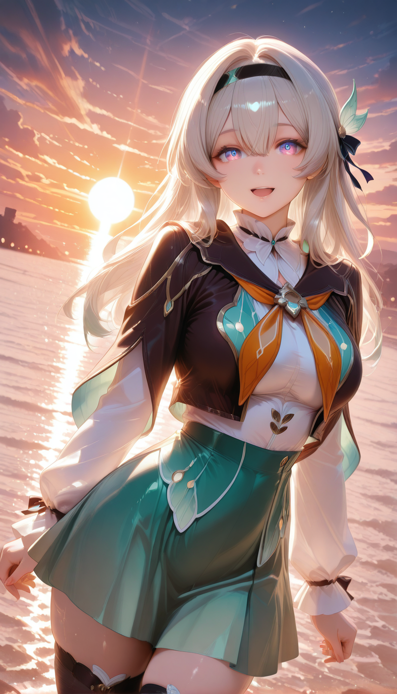 <lora:LCMTurboMix_Euler_A_fix:1> <lora:example_SDXL:0.3>, EZRealPONYXL, <lora:Dramatic Lighting Slider:3> <lora:realistic filter [IL]:1>
DSLR,realistic,cosplay photo, (very awa,masterpiece,best quality,year 2024,newest,absurdres,highres:1), realistic,skin texture,facial features, photography shot with Canon EOS 5D Mark IV , realistic, RAW, best quality, masterpiece, amazing quality, skin details,
1girl, highly detailed beautiful face, large natural breasts,
detailed background, shiny skin, dutch angle, night, moonlight,
beautiful detailed eyes, intricate details, absurdres, anime screencap,
 <lora:Hotaru_HonkaiStarRail_ILXL_kill0825:1>
HSHotaru, 1girl, solo, long hair, breasts, looking at viewer, smile, open mouth, blue eyes, shirt, large breasts, skirt, long sleeves, hair ornament, thighhighs, ribbon, hair between eyes, medium breasts, jacket, purple eyes, white shirt, white hair, grey hair, hair ribbon, sidelocks, thighs, :d, outdoors, cowboy shot, pleated skirt, hairband, sky, black thighhighs, neckerchief, zettai ryouiki, hair intakes, black hairband, green skirt, cropped jacket, brown jacket, sunset, multicolored eyes, sun, gradient eyes, orange sky, orange neckerchief, blue pupils, miniskirt, black jacket, evening