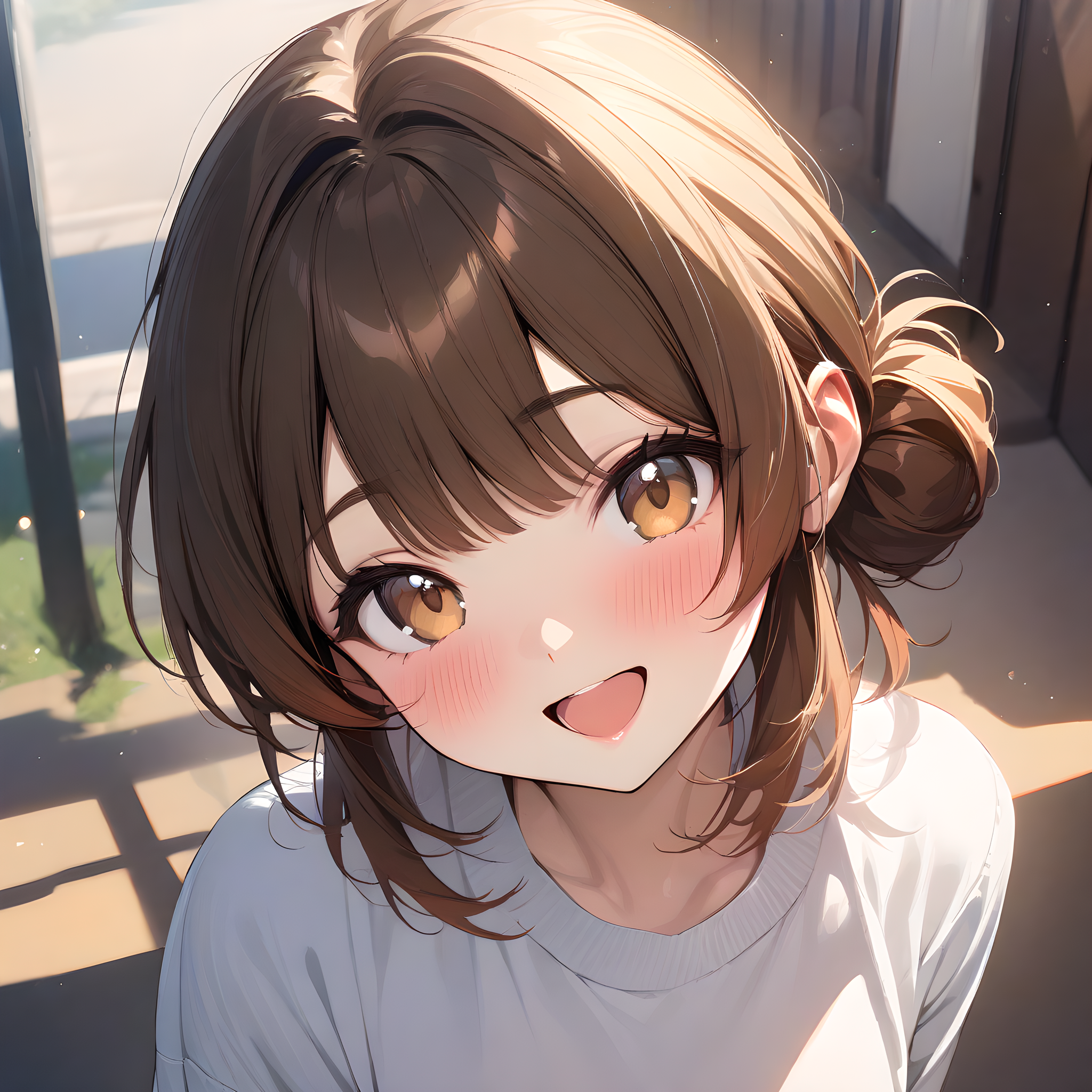 (masterpiece),(best quality),(ultra-detailed),(best illustration),(best shadow),(absurdres),(detailed background),(very aesthetic), hanami_ume, 1girl, solo, upper body, white background, smile, looking at viewer, simple background, brown hair, open mouth, shirt, hair bun, white shirt, blush, brown eyes, ribbon<lora:XL-HanamiUme:1>