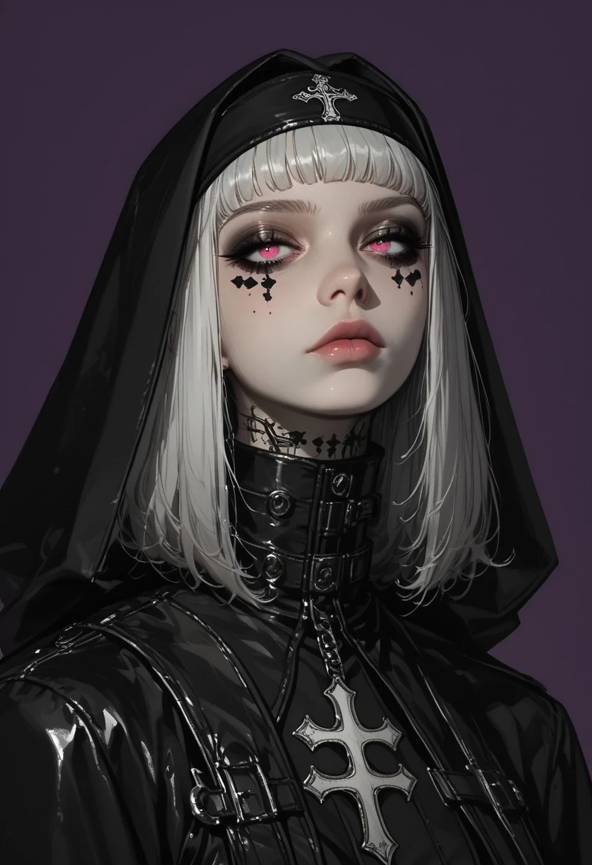 masterpiece, score_9, score_8_up, hyper-detailed, 8K, full body illustration, noble gothic attire, flowing coat, long silver hair, obsidiancore, iridescent bronze skin, deep purple background, morimee_style, flat color, simple background, warm and green tones, rich hues, bold, stoic, enigmatic, gothic fantasy, leather elements, monochrome accents, tinted skin, soft gradients, mythp0rt, refined surfaces, intense lighting, surreal poise, elaborate embellishments, minimal backdrop, captivating arrangement, celestial glow, atmospheric feel, nun, silk, cyber-futuristic habit, morimee_style, flat color, mysterious aesthetic.
