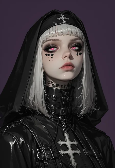 masterpiece, score_9, score_8_up, hyper-detailed, 8K, full body illustration, noble gothic attire, flowing coat, long silver hair, obsidiancore, iridescent bronze skin, deep purple background, morimee_style, flat color, simple background, warm and green tones, rich hues, bold, stoic, enigmatic, gothic fantasy, leather elements, monochrome accents, tinted skin, soft gradients, mythp0rt, refined surfaces, intense lighting, surreal poise, elaborate embellishments, minimal backdrop, captivating arrangement, celestial glow, atmospheric feel, nun, silk, cyber-futuristic habit, morimee_style, flat color, mysterious aesthetic.
