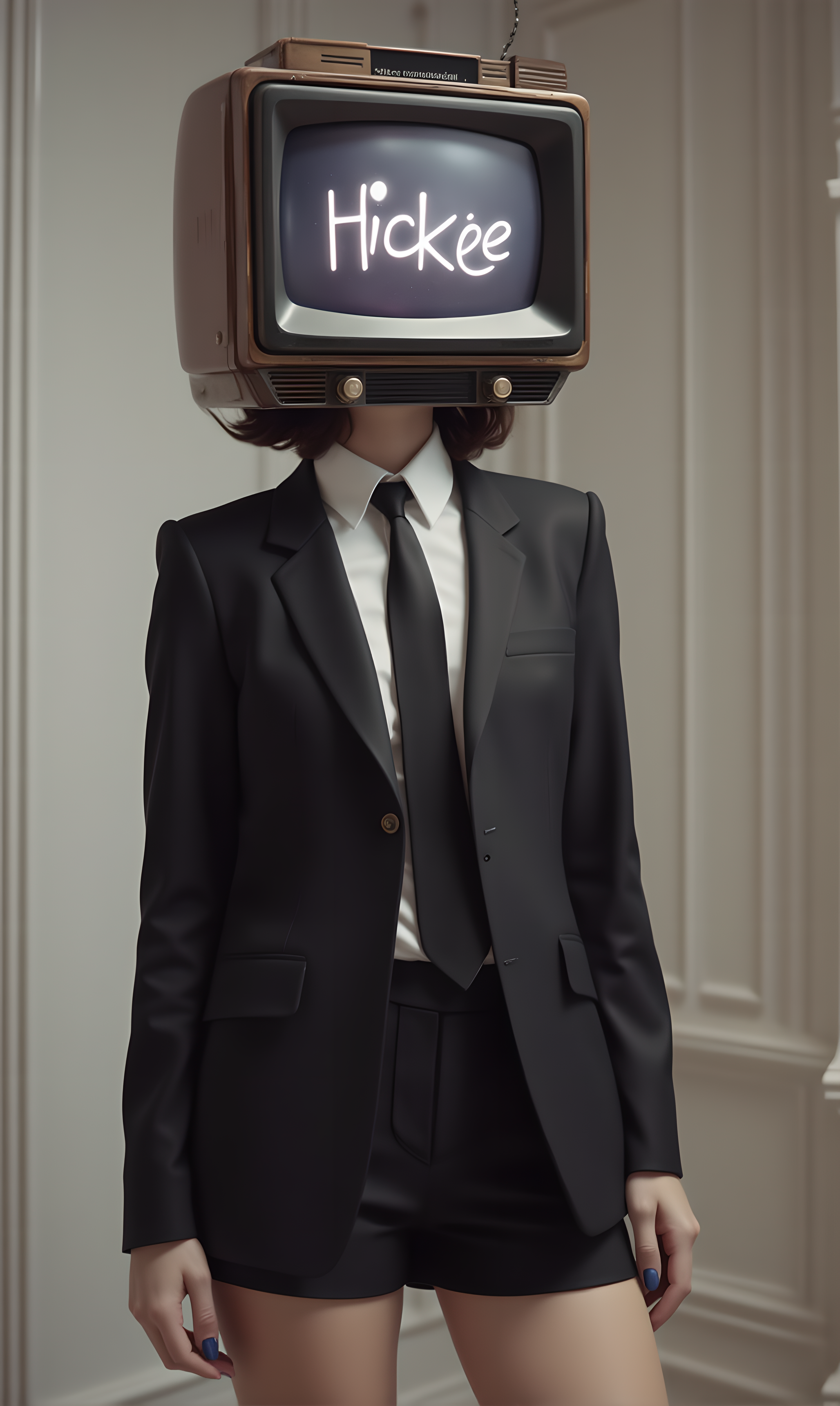 realistic style. (woman with a head that resembles a Retro television). ((television screen show text "HicKee")), she has feminine blunt hairstyle. Wearing a formal jacket with a black tie that is slightly unbuttoned.she is wearing formal short shorts