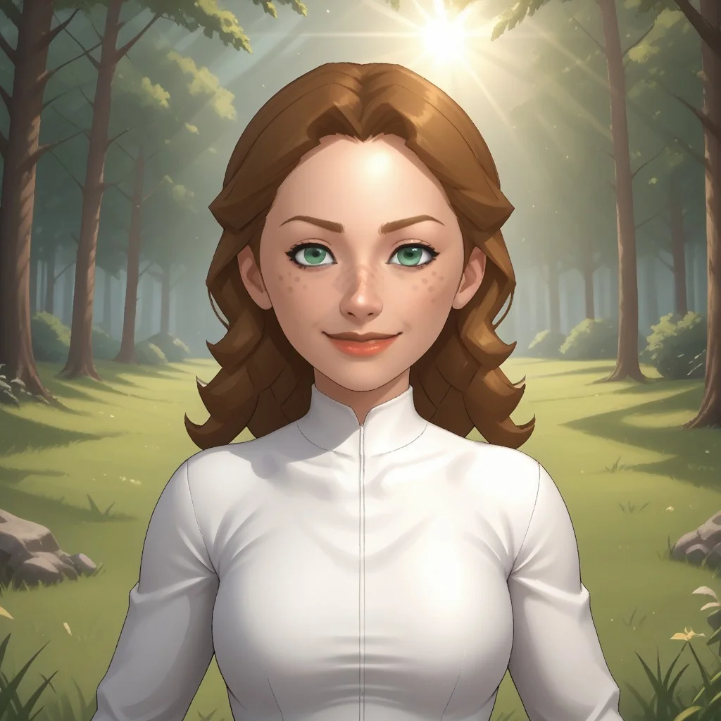 score_9, score_8, BREAK, solo, wii, mii, 1girl, female mii, green eyes, freckles, dark blonde hair, lips, white clothing, white pants, shoes, cute, nintendo mii, modern_mii, classic_mii, breasts, kathrin_(\wii_sports\), wii sports, sexy pose, smile, outdoors, sunlight, shadows, evening lighting, natural lighting, forest, trees, grass, orange sky, sunset