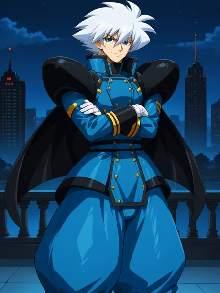 1boy, solo, keithpfone, white hair, spiked hair, blue eyes, shirt, long sleeves, popped collar, shoulder armor, baggy pants, boots, gloves, cape, military uniform, arms crossed, smirk, outdoors, night, cityscape, smile, cowboy shot,