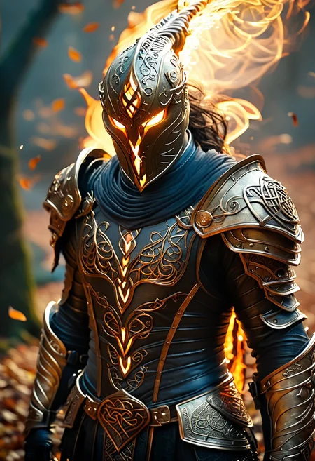 realistic, photorealistic, A breathtaking cinematic wide shot, low angle shot of three fierce warriors, their glowing amber eyes burning with an untamed fire beneath an intricately carved obsidian battle helmet, adorned with swirling, celtic engravings that glisten under the golden twilight. The armor they wear is a masterpiece of darkened steel, each plate adorned with elaborate engravings that resemble the twisting roots of an enchanted forest, embeded with rubis inlays, reflecting the fading sunlight in hues of deep bronze and gold. Their leather-clad gauntlet, wrapped in fine, interwoven scales, they maintain an unyielding gaze, exuding an aura of calculated dominance. The background is a blurred, ethereal forest bathed in warm, dappled light, the last remnants of sunlight streaming through tangled branches, casting glowing orange reflections across her imposing form. One of them hold a long lance on which a driffting banner scarlet and gold is floating fiercely in the wind, Autumn leaves drift gently, caught in the slow-motion breeze, swirling around her like omens of a prophecy unfolding. Hyper-realistic textures emphasize every micro-detail, from the metallic etchings on their helmets to the intricate patterns embossed upon her armor, creating an otherworldly yet immersive fantasy composition that radiates power, mysticism, and an unbreakable will.
