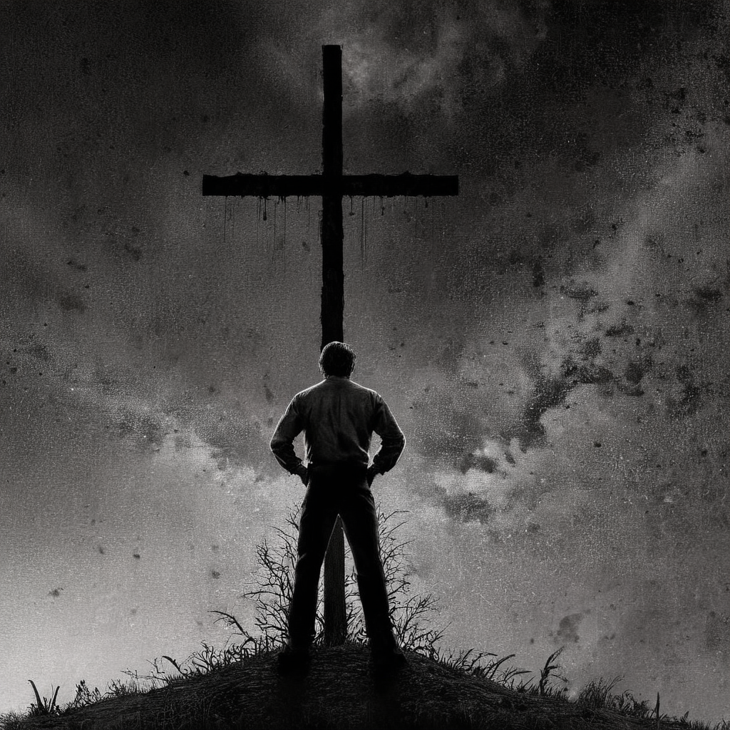 Horror-themed,  <lora:perfection style:0.6>
 <lora:Chiaroscuro Lighting Style:0.6>
 <lora:carcosa city style v2:0.9>
In an ancient and mysterious world shaved rust cohle a man standing in front of a cross on a wall,solo,black hair,1boy,monochrome,male focus,sky,night,border,building,star (sky),science fiction,black border , detailed, real, different, unique, cinematic, dramatic, concept art, filmic, detailed background, detailed settings, artstation, carcosa city style, Eerie, unsettling, dark, spooky, suspenseful, grim, highly detailed
