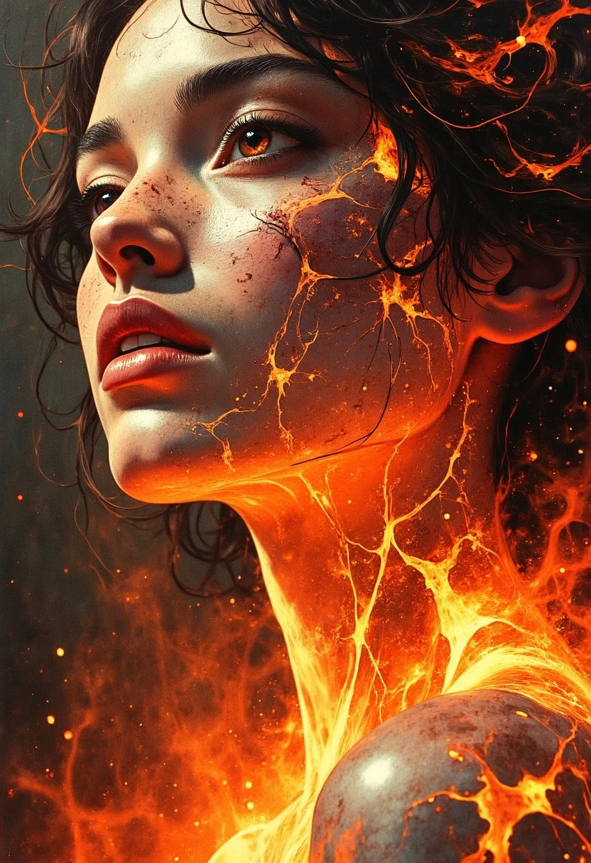 A tight head-and-shoulders portrait of a woman with semi-translucent skin resembling smooth volcanic glass, softly illuminated from within. Beneath the surface, visible molten gold and ember-red veins trace from her temples down her throat, glowing gently. Fine cracks along her cheekbones, neck, and collarbone expose subtle ember-like glows.
Her eyes are deep amber, shifting between burnished gold and glowing red. Faint ash-like markings trace her cheekbones.
Her hair is dark at the roots, transitioning into ember-like filaments at the tips, softly illuminated as if smoldering. A few strands lift slightly, floating weightlessly around her face. Her lips are deep red, subtly highlighted and softly parted.
The background is a smooth gradient of burnt umber, crimson smoke, and glowing ember mist, fading into darkness. Tiny glowing sparks and embers drift through the air. The soft lighting highlights her features, while the molten veins provide warm internal illumination, casting gentle highlights and subtle shadows.