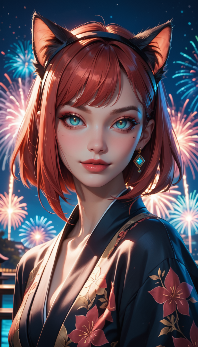 score_9, score_8_up, score_7_up, Portrait, girl, cute, seductive, innocent, light smile:0.3, plump lips, slender body, cat ears cyberpunk spy lord, kimono, bob hair, radiant color, pale turquoise and red hair, ghostly fantasy settlement in a Mudflat, night, fireworks background, 4n1v3rs3, depth of field, dynamic angle, fashion photography, sharp, hyperdetailed:1.15